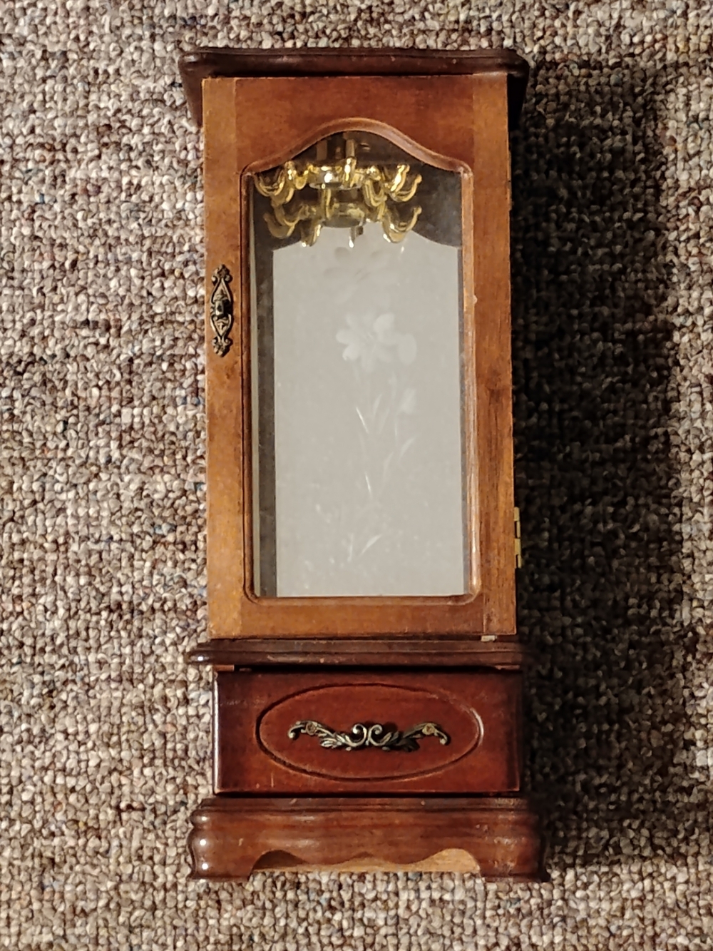 Vintage Wood Jewelry Box Armoire Cabinet Etched Glass Door Carousel 1980s